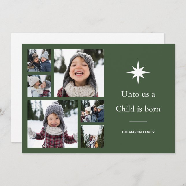 Unto Us a Child is Born Photo Collage Christmas  Holiday Card (Front/Back)