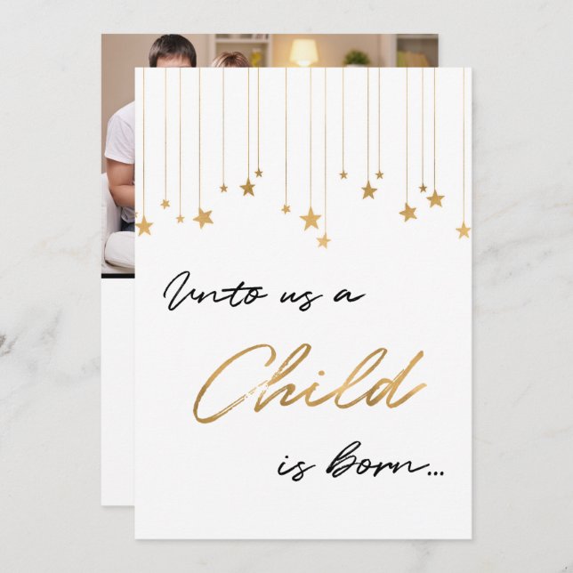 Unto Us A Child is Born Photo Gold Christmas Card (Front/Back)