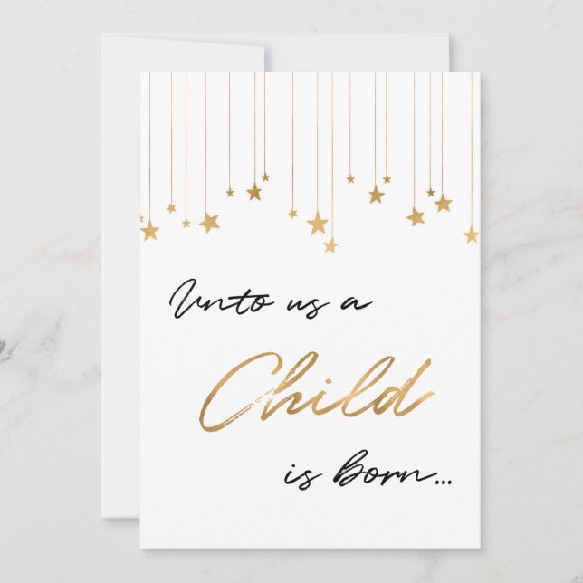 Unto Us A Child is Born Photo Gold Christmas Holiday Card (Front)