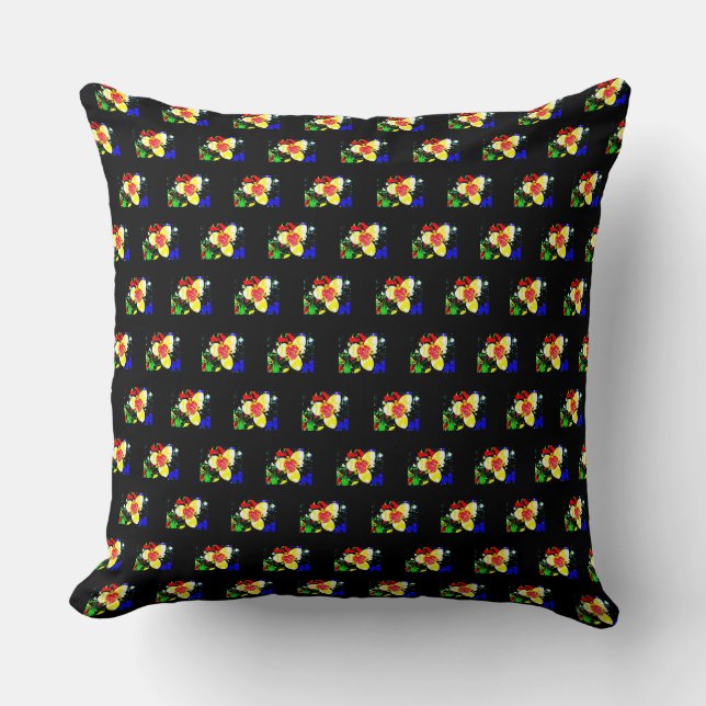 unusual black with yellow and red flower pattern t cushion (Front)