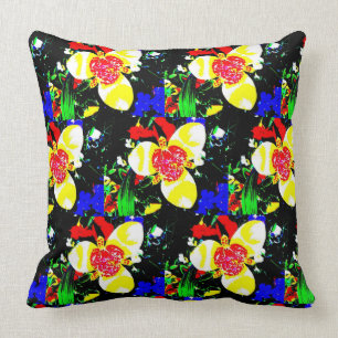 unusual black with yellow and red flower pattern t cushion