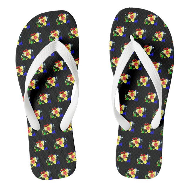 unusual black with yellow and red flower pattern thongs (Footbed)
