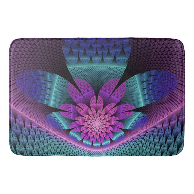 Unusual Patterned Colourful Fantasy Flower Fractal Bath Mat (Front)