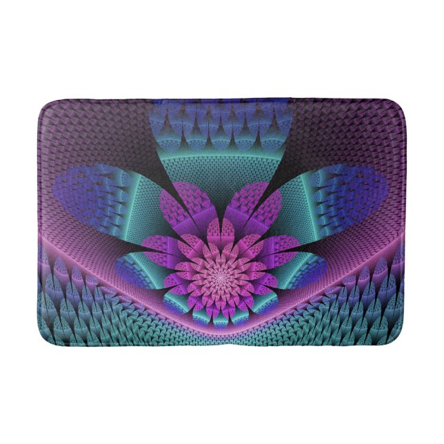 Unusual Patterned Colourful Fantasy Flower Fractal Bath Mat (Front)