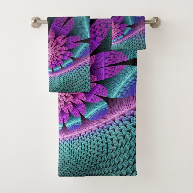 Unusual Patterned Colourful Fantasy Flower Fractal Bath Towel Set (Insitu)