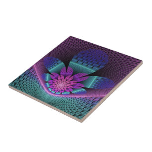 Unusual Patterned Colourful Fantasy Flower Fractal Ceramic Tile