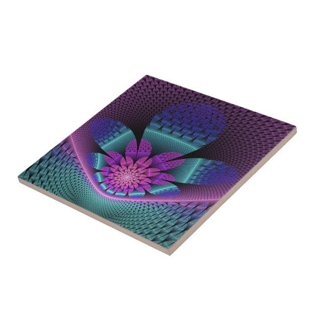 Unusual Patterned Colourful Fantasy Flower Fractal Ceramic Tile (Side)