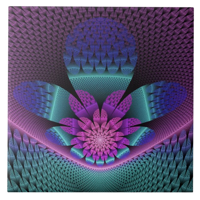 Unusual Patterned Colourful Fantasy Flower Fractal Ceramic Tile (Front)