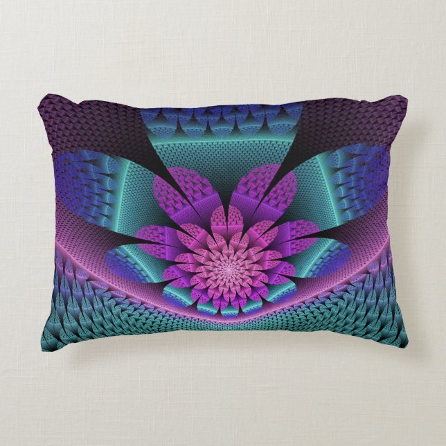 Unusual Patterned Colourful Fantasy Flower Fractal Decorative Cushion (Front)