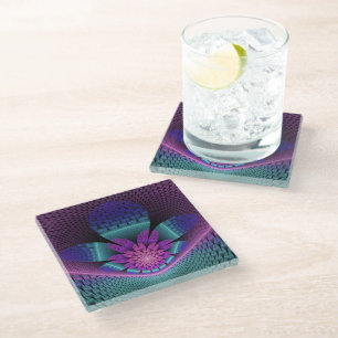 Unusual Patterned Colourful Fantasy Flower Fractal Glass Coaster