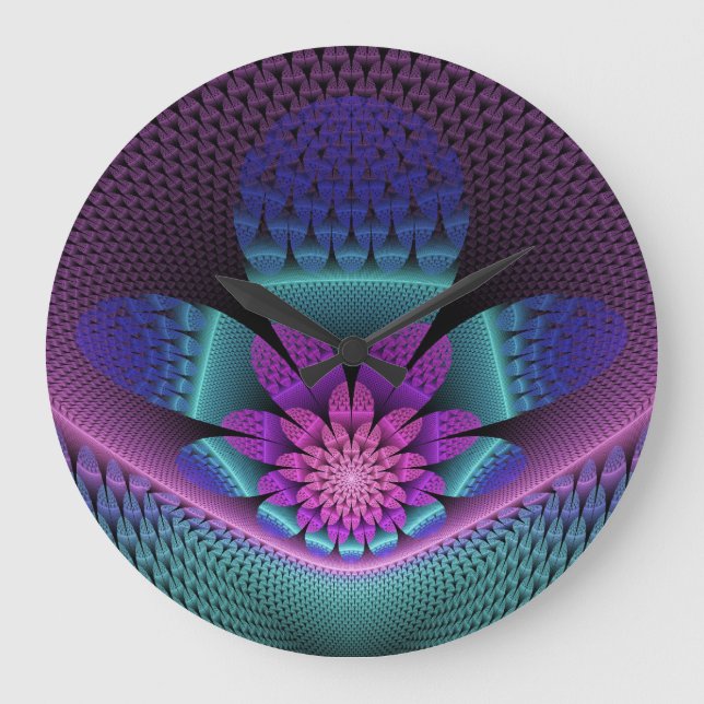 Unusual Patterned Colourful Fantasy Flower Fractal Large Clock (Front)