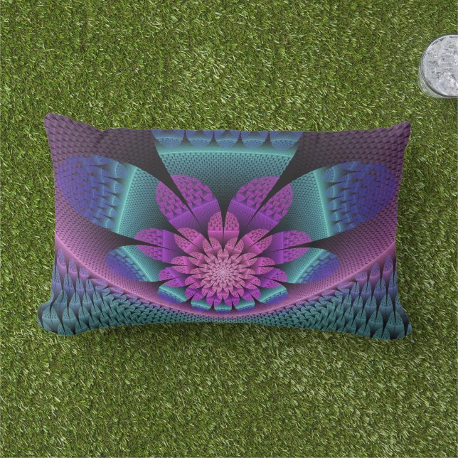 Unusual Patterned Colourful Fantasy Flower Fractal Lumbar Cushion (Grass)