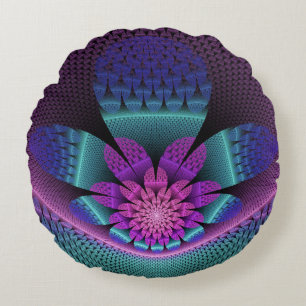Unusual Patterned Colourful Fantasy Flower Fractal Round Cushion