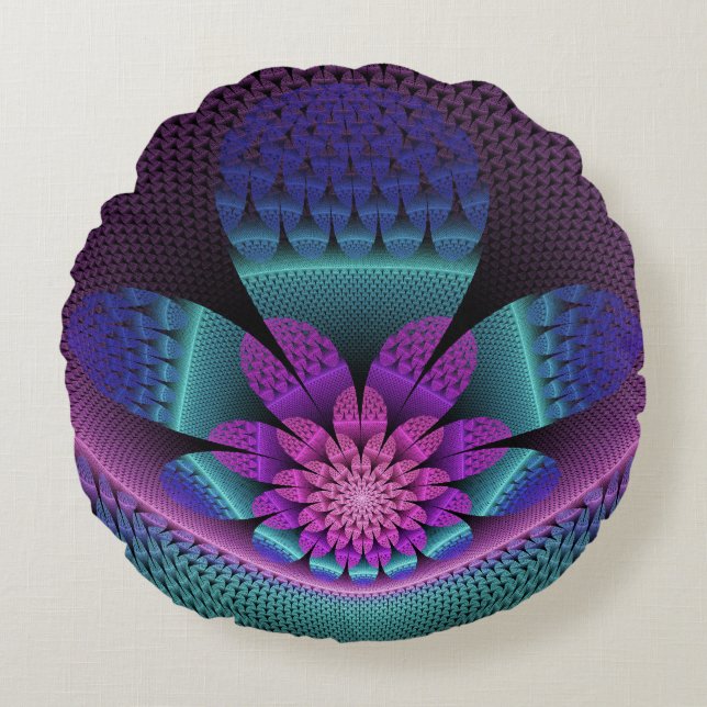 Unusual Patterned Colourful Fantasy Flower Fractal Round Cushion (Front)