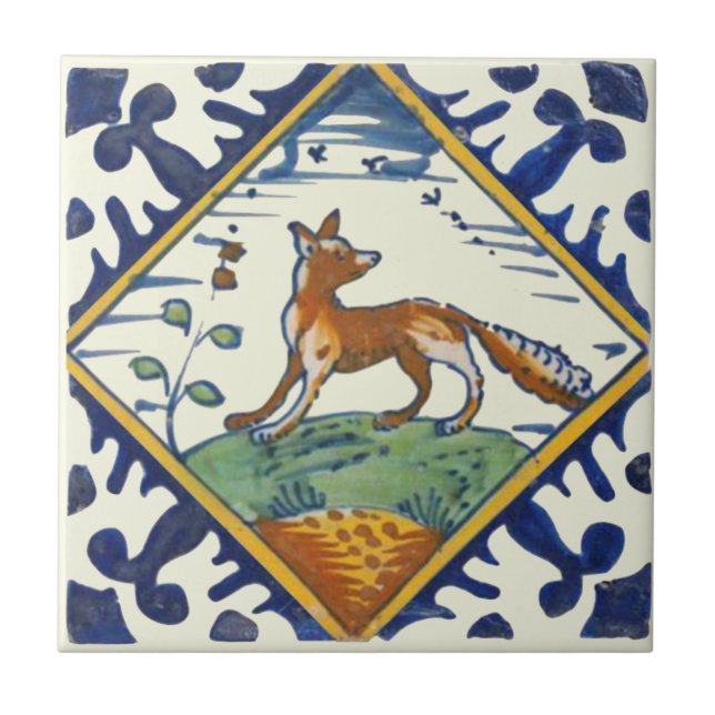 Unusual Repro Delft Fox with Birds Flying Scenic Ceramic Tile (Front)