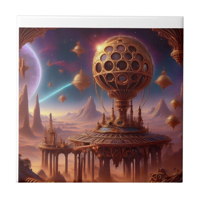 Unusual Spherical Structure On A  Desolate Planet Ceramic Tile (Front)