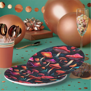 Unveil the Magic on Your Table Red Neon Mushrooms  Paper Plate