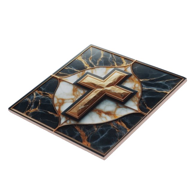 Unveiled Black and White Marble Cross With Gold  Ceramic Tile (Side)