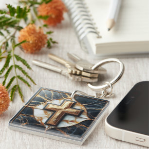 Unveiled Black and White Marble Cross With Gold  Key Ring