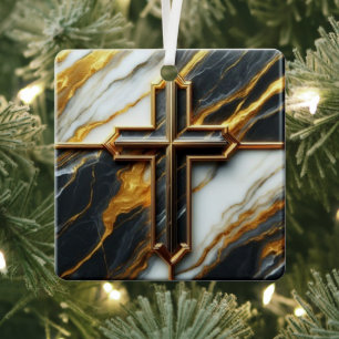 Unveiled Black and White Marble Cross With Gold Metal Tree Decoration