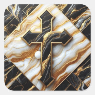 Unveiled Black and White Marble Cross With Gold  Square Sticker
