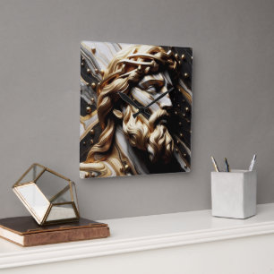 Unveiled Black and White Marble Cross With Gold  Square Wall Clock
