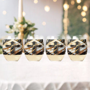 Unveiled Black and White Marble Cross With Gold Stemless Wine Glass