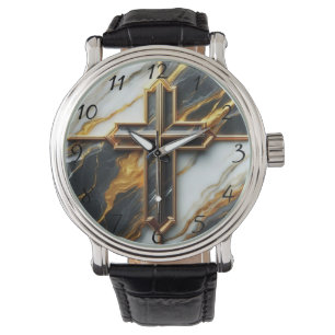Unveiled Black and White Marble Cross With Gold Watch