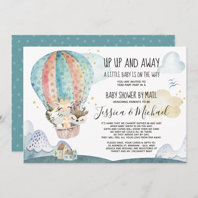 Up and Away Animals in Mask Baby Shower by Mail Invitation (Front/Back)