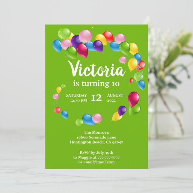 Up and Away Balloons Birthday Party Invitation (Standing Front)