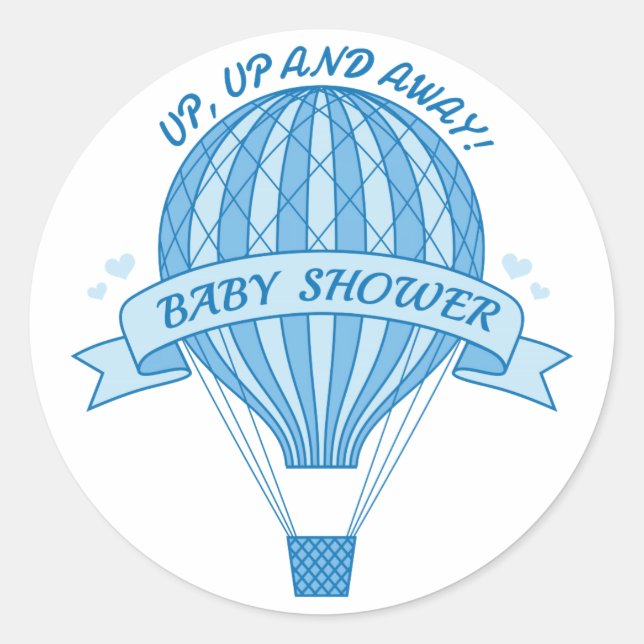 Up and away, blue hot air balloon baby shower classic round sticker (Front)