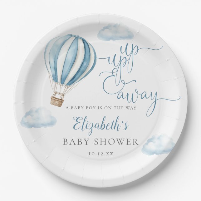 Up And Away Blue Hot Air Balloon Boy Baby Shower Paper Plate (Front)