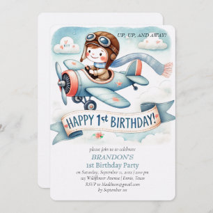 Up & Away 1st Birthday Boy Aeroplane Invitation