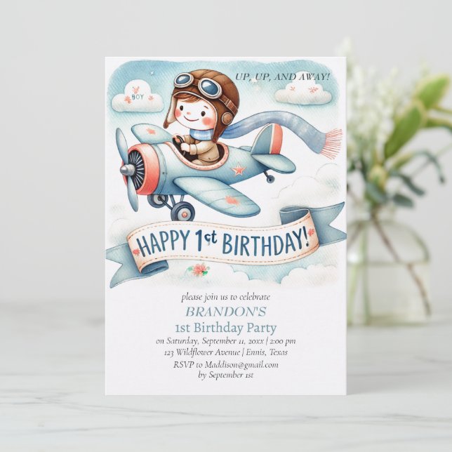 Up & Away 1st Birthday Boy Aeroplane Invitation (Standing Front)