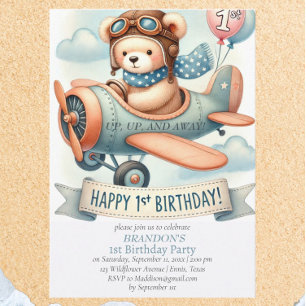 Up & Away 1st Birthday Boy Aeroplane Invitation