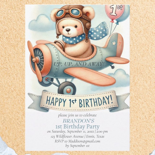 Up & Away 1st Birthday Boy Aeroplane Invitation (Creator Uploaded)