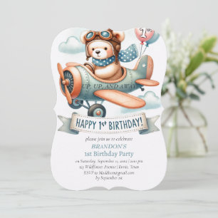 Up & Away 1st Birthday Boy Aeroplane Invitation