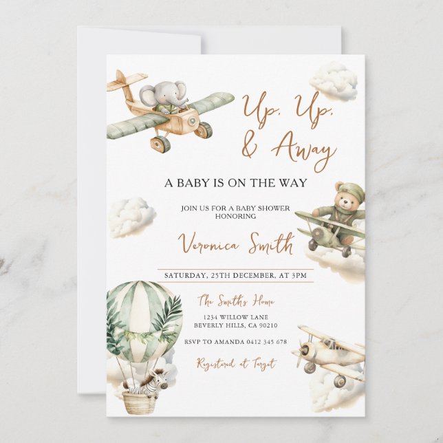 Up & Away, Hot Air Balloon Airplane Baby Shower Invitation (Front)