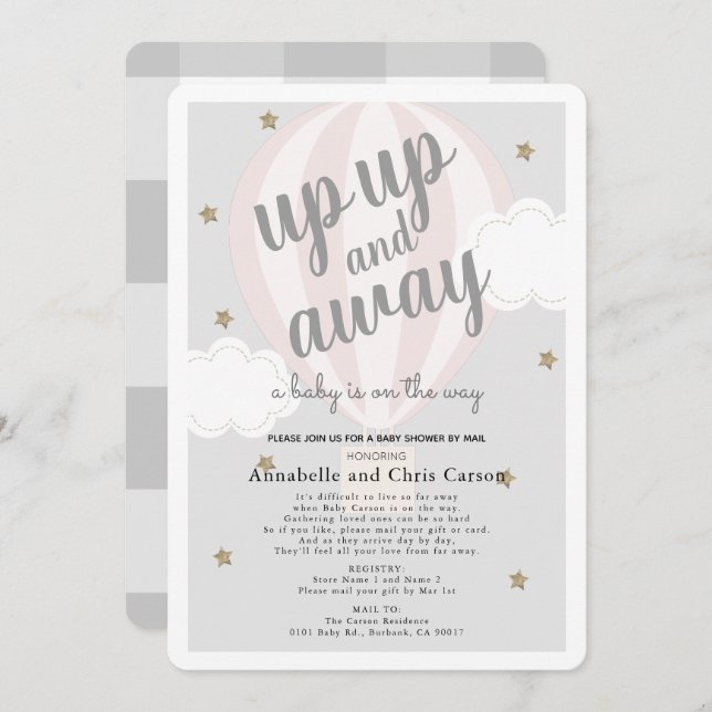 Up Away Hot Air Balloon Pink Baby Shower by Mail Invitation (Front/Back)
