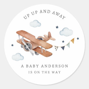 Up & Away, Vintage Watercolor Airplane Baby Shower Classic Round Sticker