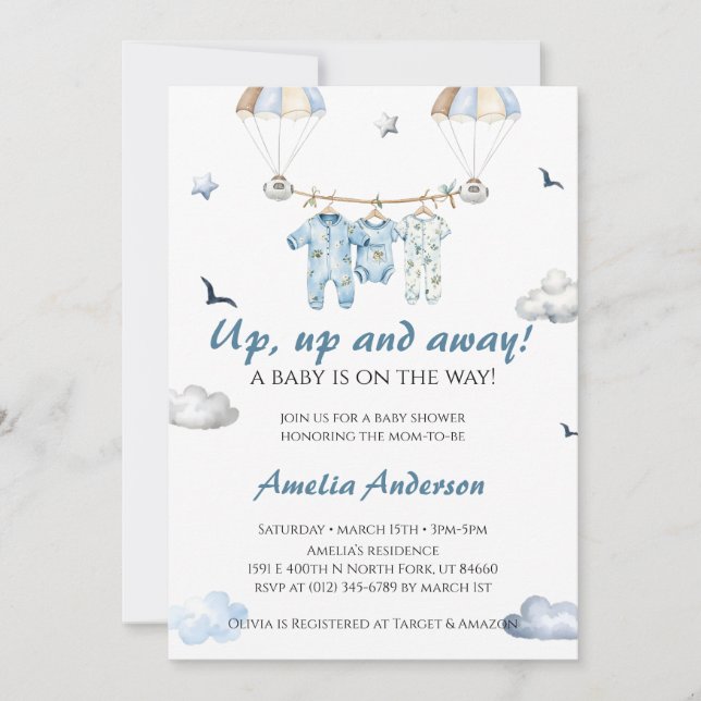 Up & Away | whimsical Hot Air Balloon Baby Shower Invitation (Front)