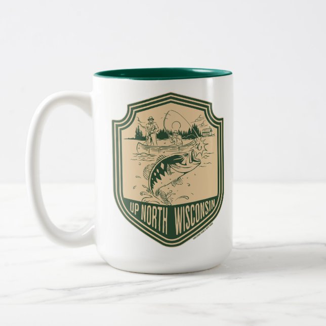 Up North Wisconsin Fishing Badge Two-Tone Coffee Mug (Left)