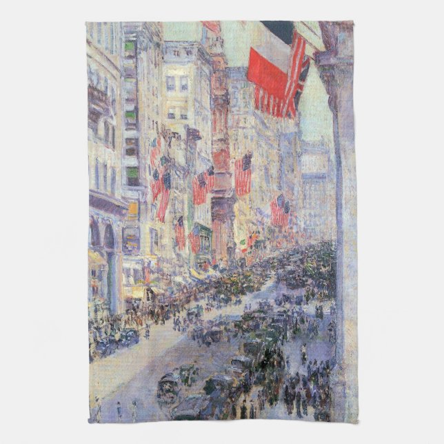 Up the Avenue from 34th Street, May 1917 by Hassam Tea Towel (Vertical)