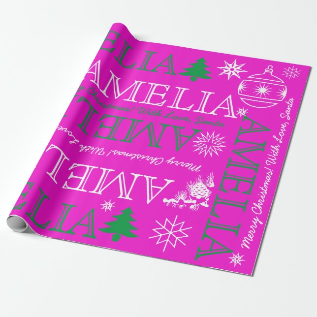 Up to 6 Letters Name or Text Hot Pink Christmas Wrapping Paper (Unrolled)