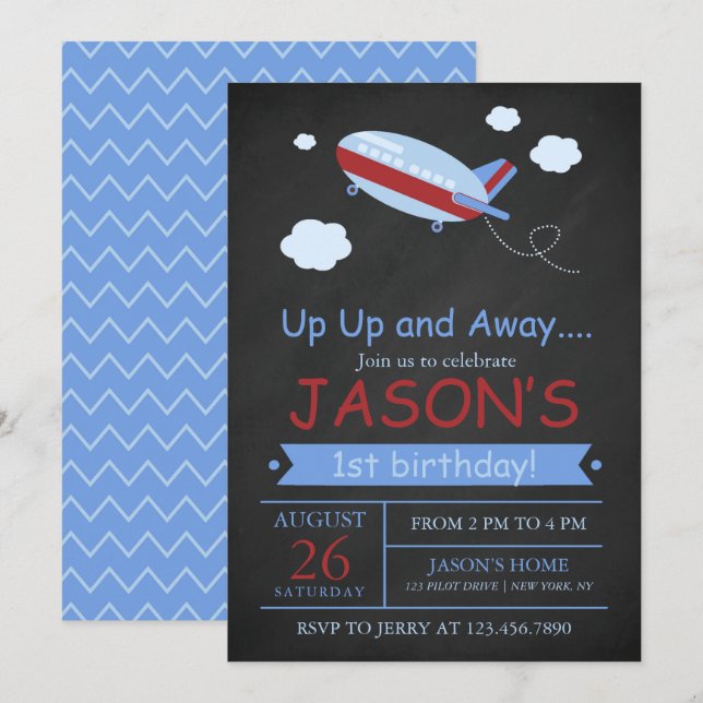 Up Up and Away Aeroplane Chalkboard Birthday Party Invitation (Front/Back)