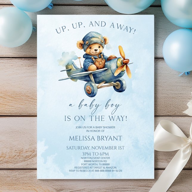 Up Up and Away! Aeroplane Teddy Bear Baby Shower  Invitation (Creator Uploaded)