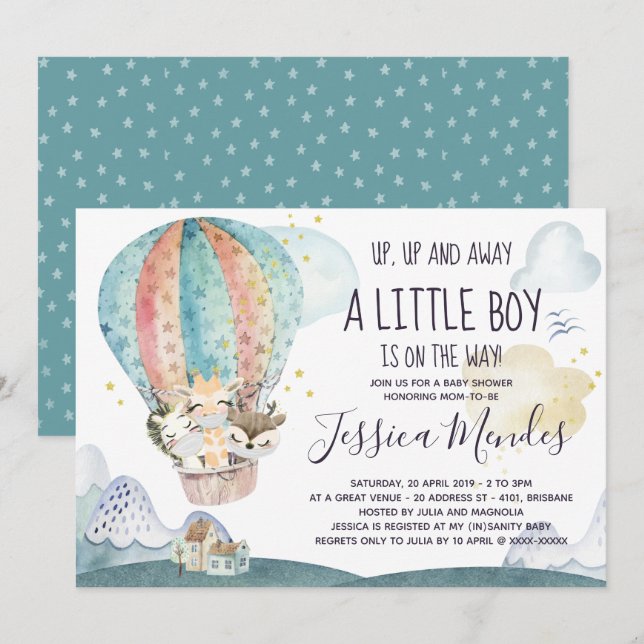 Up Up and Away Animals Mask Baby Shower Invitation (Front/Back)