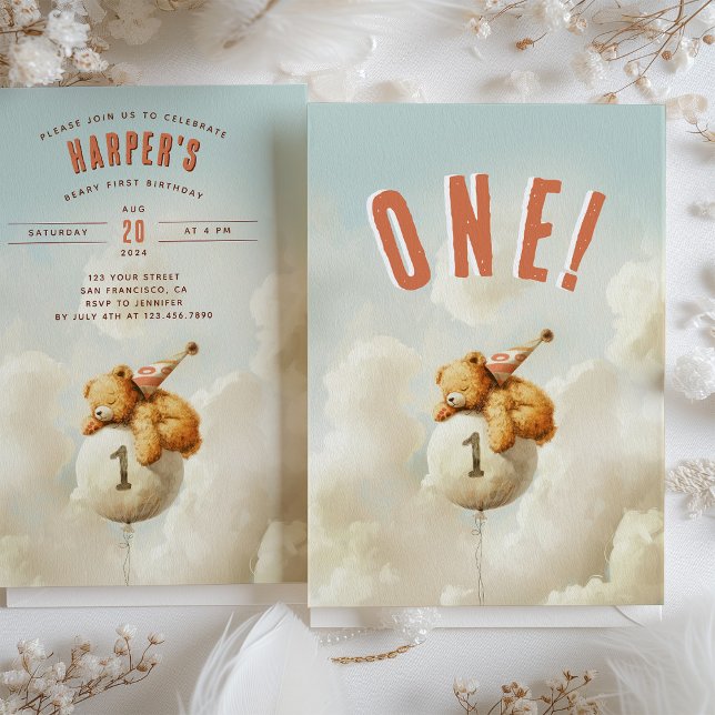 Up, Up, and Away Bear-Themed First Birthday Invitation (Creator Uploaded)