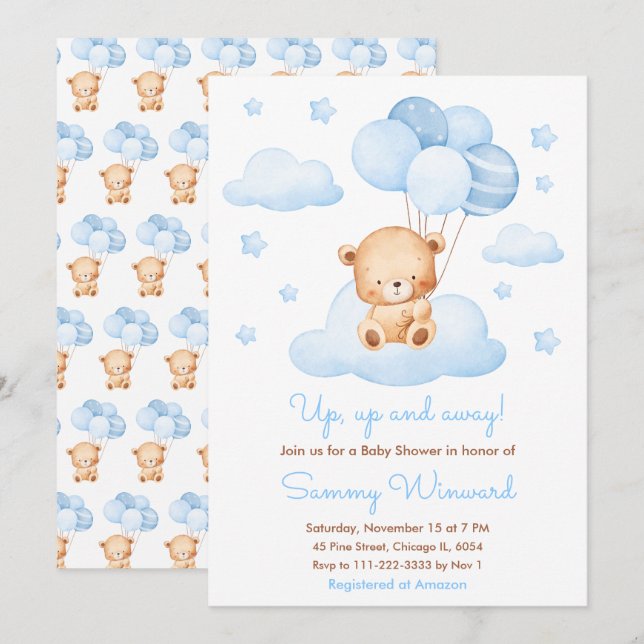 Up Up and Away Blue Balloon Boy Baby Shower Invitation (Front/Back)