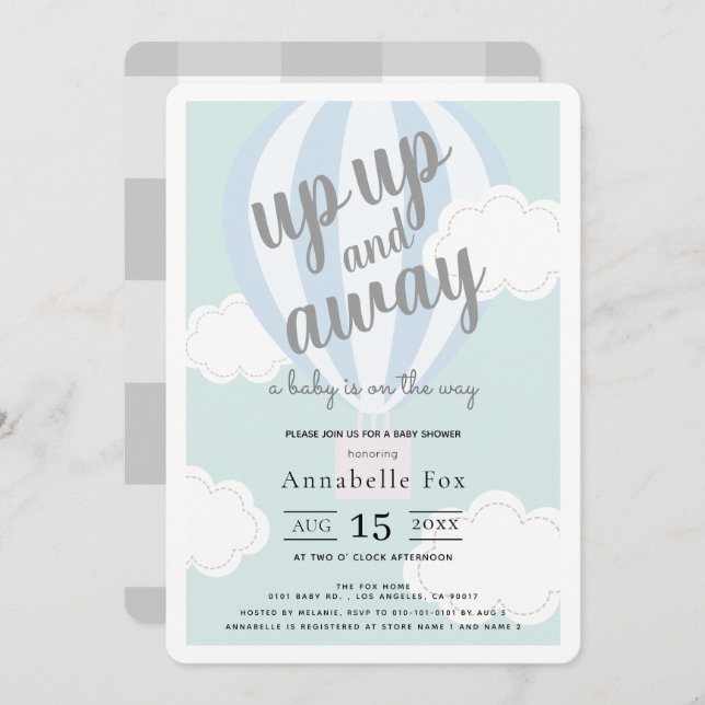 Up Up and Away Blue Hot Air Balloon Baby Shower Invitation (Front/Back)